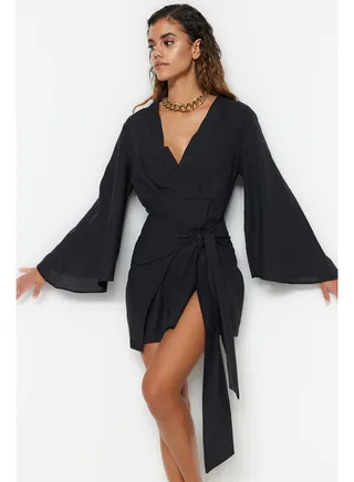 Black Mini Woven Tied 100% Cotton Beach Dress TBESS21EL3208 