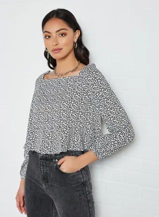 Square Neck Crop Top Aop White Print 