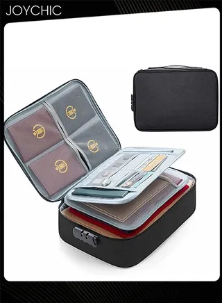 Multi-layer Large Capacity Family Document Storage Bag Laptop Contracts Passport Certificates Holder Organizer Home Office Travel Security Bag with Lock Black 