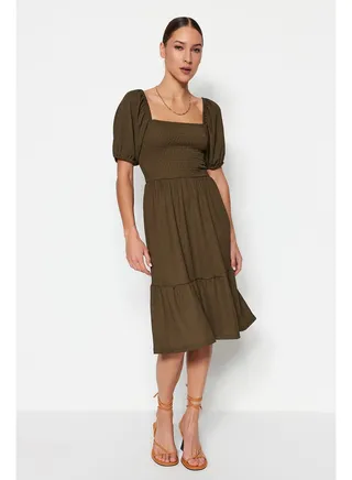 Khaki Open-Waist/Skater Square Neck Balloon Sleeve Midi Sweater Knitted Dress TWOSS22EL1088 