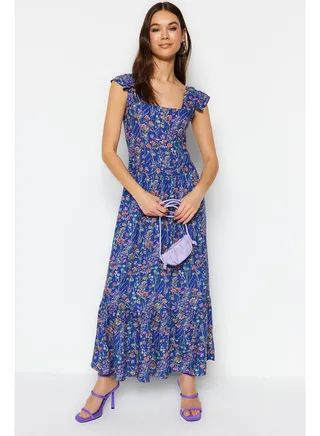 Blue A-line Floral Print Square Neck Viscose Woven Dress TWOSS20EL3331 