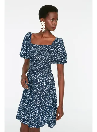 Navy Blue Floral Waist Opening Mini Viscose Woven Dress TWOSS22EL0370 
