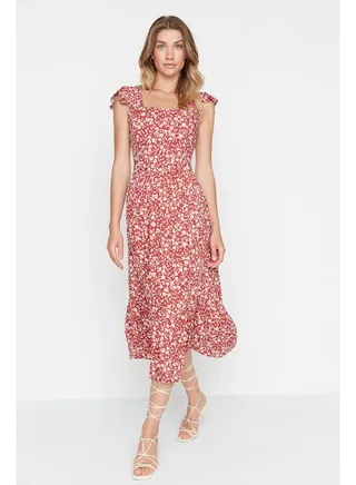 Tile A-line Floral Print Square Neck Viscose Woven Dress TWOSS20EL3331 