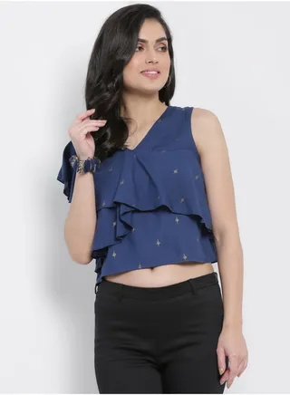 Casual Crop Top With Matching Srunchie Navy 