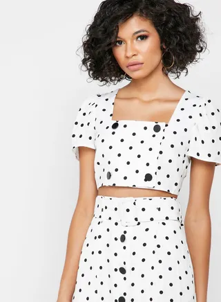 Button Detail Dot Print Cropped Top 
