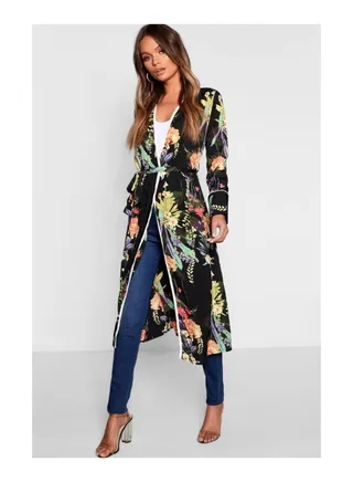 Dark Tropical Floral Belted Kimono 