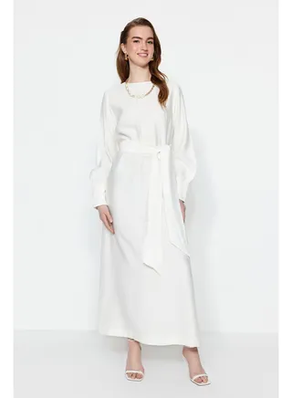 White Wide Belted Zipper Cuff Woven Linen Look Dress TCTSS23EB00219 