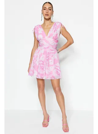 Multi Color Pink Flower Patterned Evening Dress TPRSS23EL00208 