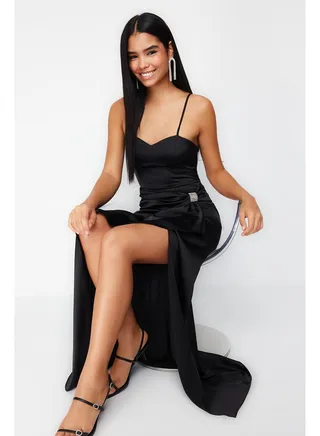 Black Satin Woven Long Evening Dress with Shiny Stone Accessories TPRSS24AE00006 
