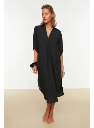 Black Midi Woven Slit Beach Dress TBESS21EL3847 