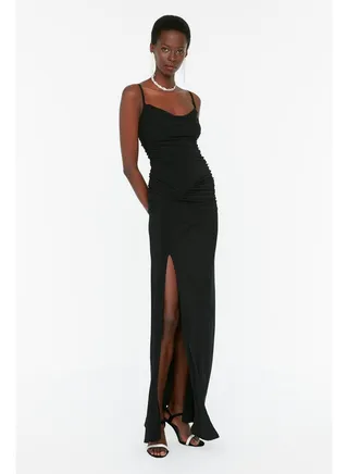 Black Knitted Long Evening Evening Dress TPRSS22AE0112 