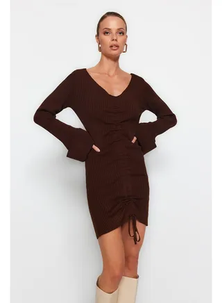 Brown Mini Knitwear V-Neck Dress TWOAW22EL0564 