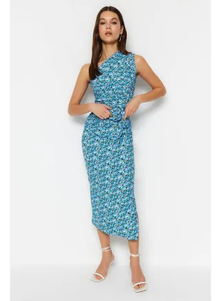 Blue Printed Fitted One-Shoulder Asymmetric Gathering and Detail Knitted Dress TWOSS23EL02182 