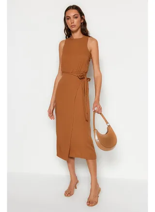 Brown Tie Detailed A-line/Bell Form Midi Woven Dress TWOSS23EL02369 