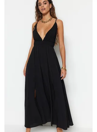 Black Maxi Woven Gathered Beach Dress TBESS23EL00063 