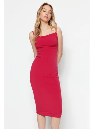 Fuchsia Fitted Neckline Midi Straps Flexible Knitted Midi Dress TWOSS19AD0020 