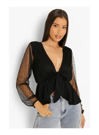 Dobby Mesh Ruffle Wrap Top 