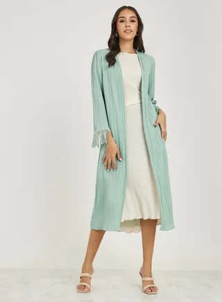 Textured Midi Kimono with Fringe Detail 
