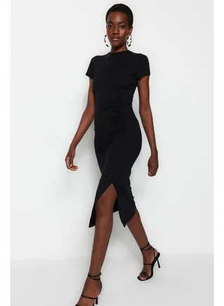 Black Ruffle and Slit Detailed Knitted Dress TWOSS23EL00777 