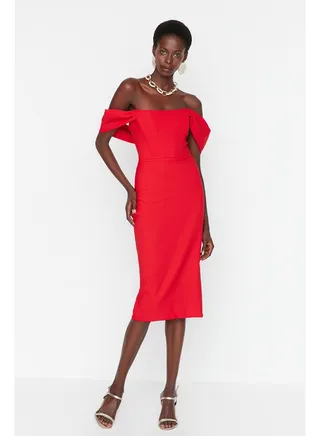 Red Lined Woven Corset Detailed Evening Dress TPRSS22EL00097 