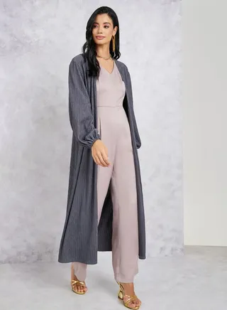 Textured Midi Kimono with Balloon Sleeves 