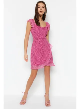 Fuchsia Ruffle Double Breasted Form Mini Lined Woven Dress TWOSS23EL01781 