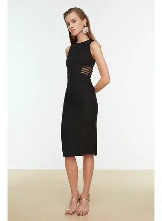 Black Waist Detailed Elegant Evening Dress TPRSS21EL2191 