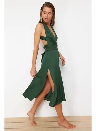 Khaki Belted Maxi Knitted Tie Beach Dress TBESS21EL2992 