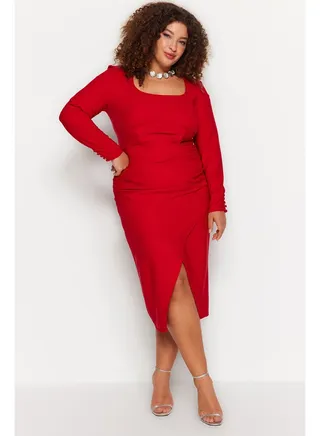 Red Knitted Fitted Midi Dress TBBAW24AH00080 