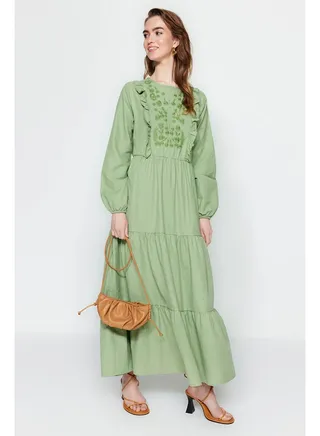 Khaki Ruffle Detail Embroidered Woven Dress TCTSS22EB0004 