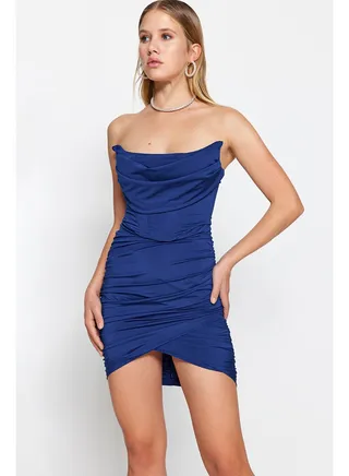 Navy Blue Fitted Lined Knitted Corset Detailed Evening Dress TPRSS23EL00174 