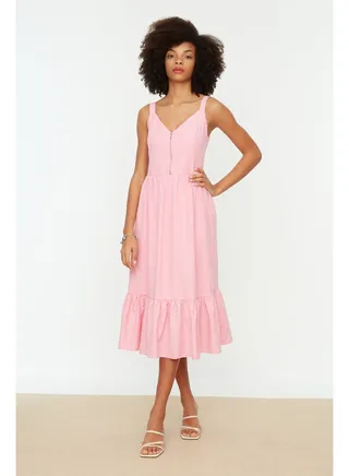 Pink Waist Midi Woven Lined Zipper Detailed Woven Dress TWOSS20EL2208 