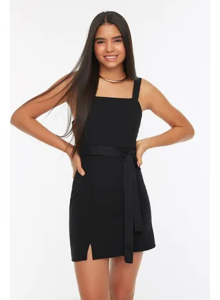 Black Belted Straight Cut Slit Square Neck Mini Woven Dress TWOSS20EL0977 