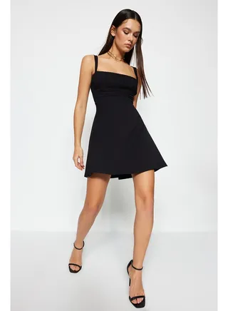 Black Open Waist/Skater Woven Elegant Evening Dress TPRSS23EL00031 