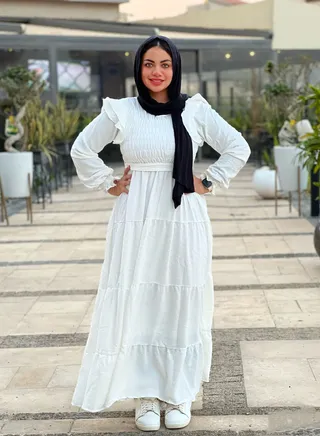 White Gathered Cuffs & Chest Long Lined Dress 