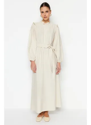 Cream Belted Guipure and Ruffle Detailed Linen Blended Woven Dress TCTSS23EB00011 