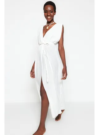 White Maxi Woven Slit Beach Dress TBESS23EL00069 