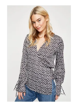 Mono Heart Satin Tie Cuff Satin Wrap Top 
