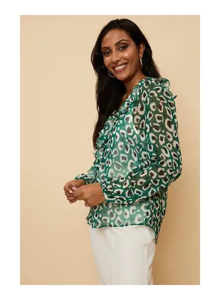 Petite Green Animal Wrap Ruffle Top 