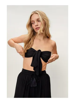 Crinkle Wrap Tassel Top and Wide Leg Cover Up Set 