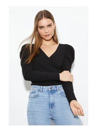 Rib Puff Sleeve Wrap Top 