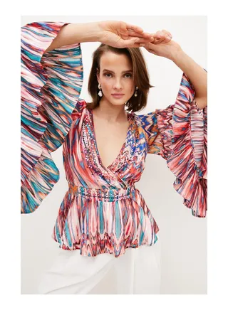 Beaded Embellished Drama Kimono Woven Top 
