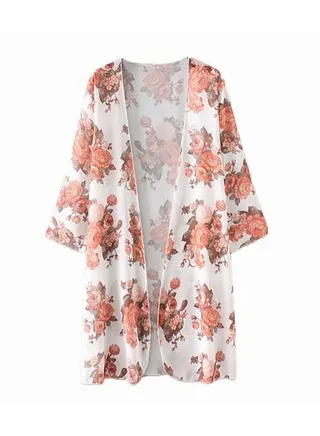 Floral Print Three Quarter Sleeve Kimono White 
