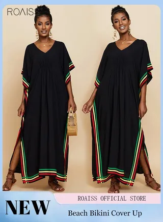 Women'S Casual Loose Bikini Smock Classic V-Neck Bat Sleeve Dress Colorful Line Edge Decoration And Ankle Length Pullover 