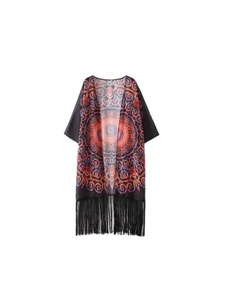 Printed Round Neck Kimono Black/Orange 