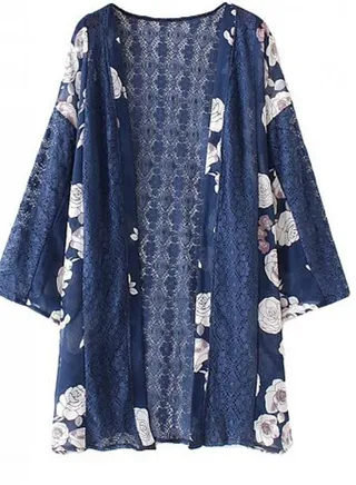 Floral Print Kimono Cardigan Beachwear Bikini Cover Up Blue 