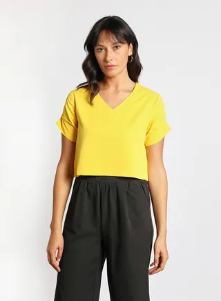 Women's Casual Short Sleeve Polyester Tops With V-Neck Yellow 