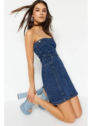 Limited Edition Blue Button Detailed Strapless Mini Denim Dress TWOSS23EL01731 