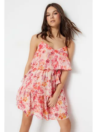Pink Flounced Floral Skater/Belt Opening Mini Lined Woven Dress TWOSS23EL01445 