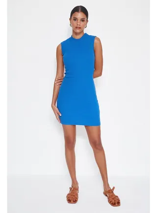 Blue Fitted Crew Neck Mini Ribbed Flexible Knitted Dress TWOSS22EL2819 